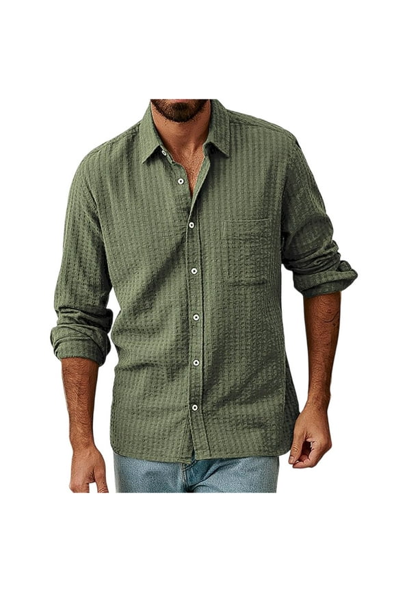 Men'S Tops, Casual Button Down Shirts, Long Sleeve Wrinkle-Free Textured Untucked Tops With Chest Pocket For Everyday Commute Wear T Shirts Mens Tshirts Cotton Workout (M, Army Green) ZManTrek