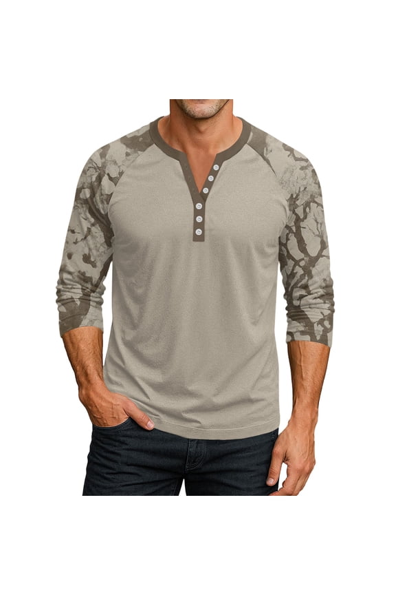 Men'S Tops, Casual Henley Shirts, Camo Contrast Raglan 3/4 Sleeve Button-Down Soft Streetwear Pullover Tees With Placket Polo Shirts Tees Untuckit For Men Shirts Dress (XL, Khaki) ZManTrek