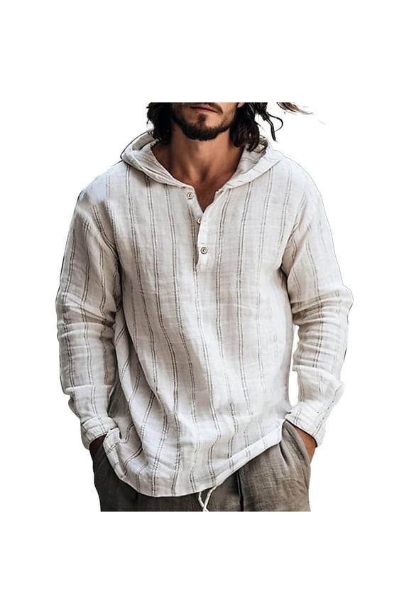 Men'S Tops, Casual Hooded Shirts, Long Sleeve Lightweight Henley Neck Tops With Relaxed Fit & Drawstring Hood For Streetwear Hawaiian Shirts/Aloha Running Shirt Casual (L, White) ZManTrek