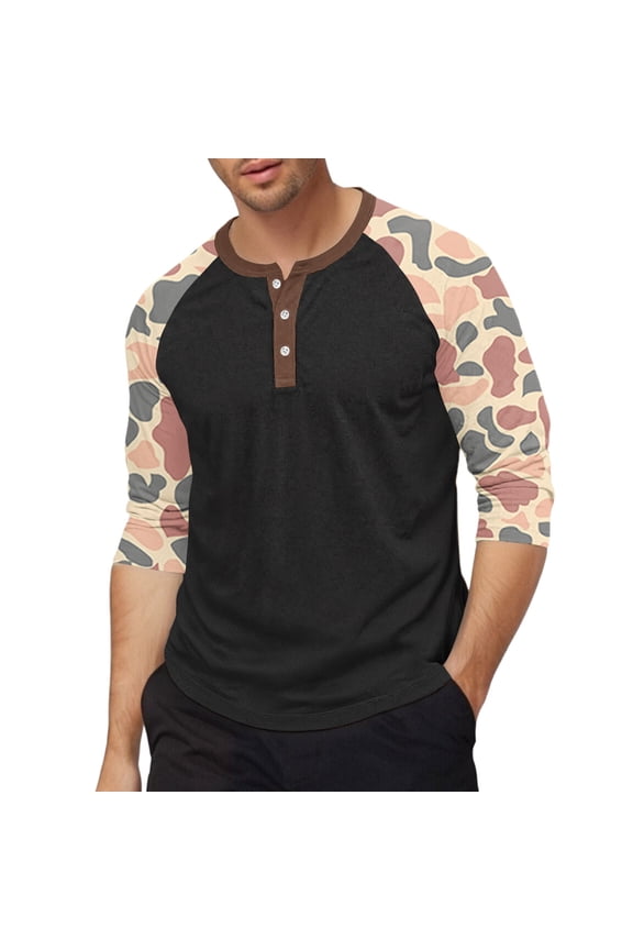 Men'S Tops, Casual Shirts, Three-Quarter Sleeve Henley Tops With Camouflage Print & Button Placket, Streetwear Graphic Tees For Daily Wear Tops Bulk Tshirts Workout Shirts (XL, Beige) ZManTrek