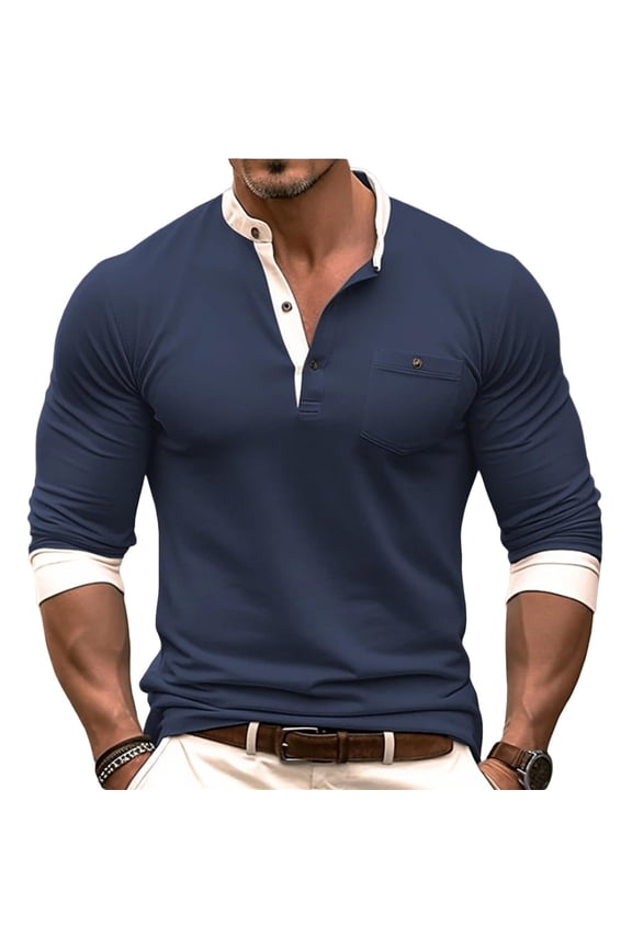 Men'S Tops, Henley Shirts, Long Sleeve Color Block Casual Button Placket Tops With Contrast Cuffs And Chest Pocket Stretch Fit Shirts Down Beach Shirts Pants Shirts Dress (XXL, Navy) ZManTrek
