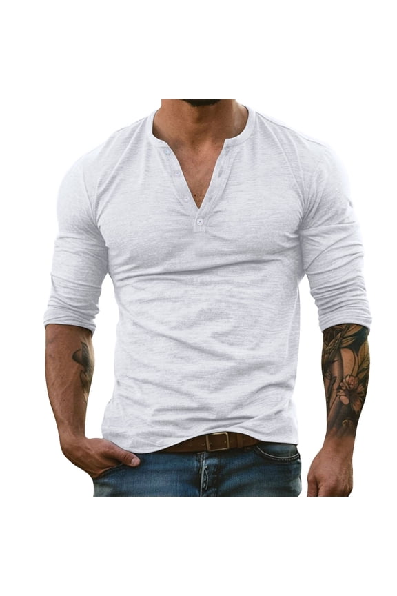 Men'S Tops, Henley Shirts, Long Sleeve Solid Color Casual Tops With Button Placket, Stylish Everyday Wear Muscle Tees/Tank Tops Mens Up T Shirts Bulk For Work Shirts Dress (M, White) ZManTrek