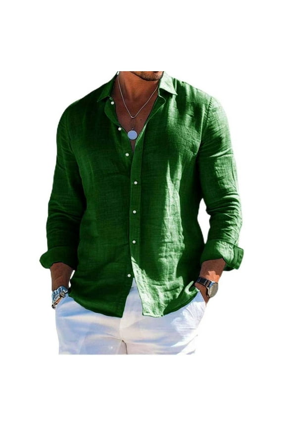 Men'S Tops, Long Sleeve Linen Shirts, Business Casual Button Down Tops With Turn-Collar, Regular Fit Breathable Shirts For Office Commute Casual Wear Muscle Tees Tank Tops (XL, Army Green) ZManTrek