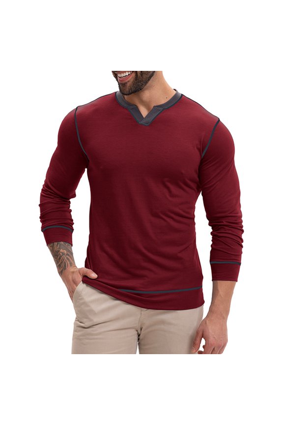 Men'S Tops, V-Neck Long Sleeve Casual Shirts, Color Block Stitching Design Slim Fit Stylish Streetwear Button Up Shirts For Daily Wear Tops Suit Shirt Flannel Casual Shirts (L, Wine) ZManTrek