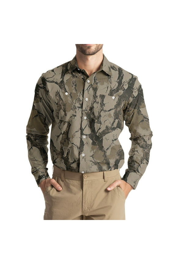 Men'S Tops, Work Shirts, Long Sleeve Camouflage Print Button Up Casual Shirt With Classic Lapel, Vintage Industrial Loose Fit Lightweight Top Cotton Shirt Dress Sweat Shirts (L, Brown) ZManTrek