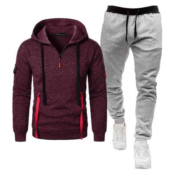Men'S Tracksuit With Zipper 2 Piece Hooded Athletic Sweatsuits Long Sleeved Hooded Set Solid Color Plus Size Casual Running Jogging Sport Suit Sets Fall Winter Outfit