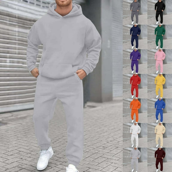 Men'S Tracksuits 2 Piece Set Casual Solid Color Hoodies Sweatshirt And Joggers Sweatpants Set Street Fall Winter Long Sleeve Sport Suit Set With Pocket