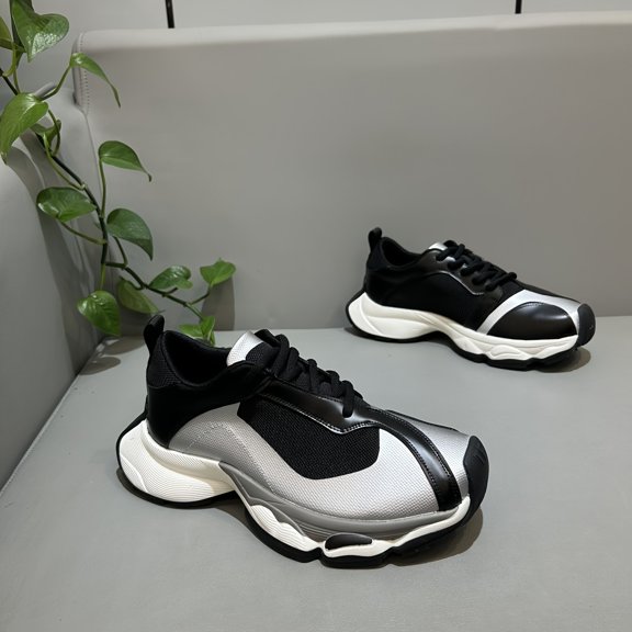 Men'S Trendy Lightweight Sneakers - Breathable Mesh Upper, Durable Rubber Sole, Stylish Black & White Design, Lace-Up Closure, Comfortable Low-Top Shoes for Casual Wea