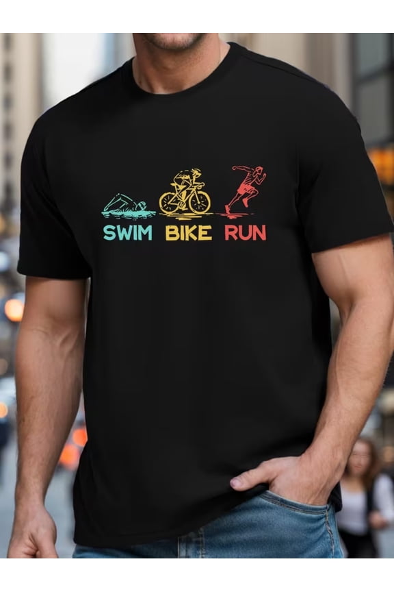 Men'S Triathlon Inspired T-Shirt | Crew Neck, Regular Fit, Slight Stretch Fabric, Summer Season, Heat Transfer Printing for Swimming, Biking, Running