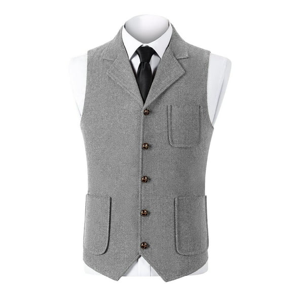 Men'S Tweed Suit Vest Vintage Herringbone Button Down Blazer Dressy Casual Wool Blend V Neck Waistcoat For Groomsman