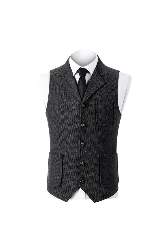 Men'S Tweed Suit Vest Vintage Herringbone Button Down Blazer Dressy Casual Wool Blend V Neck Waistcoat For Groomsman