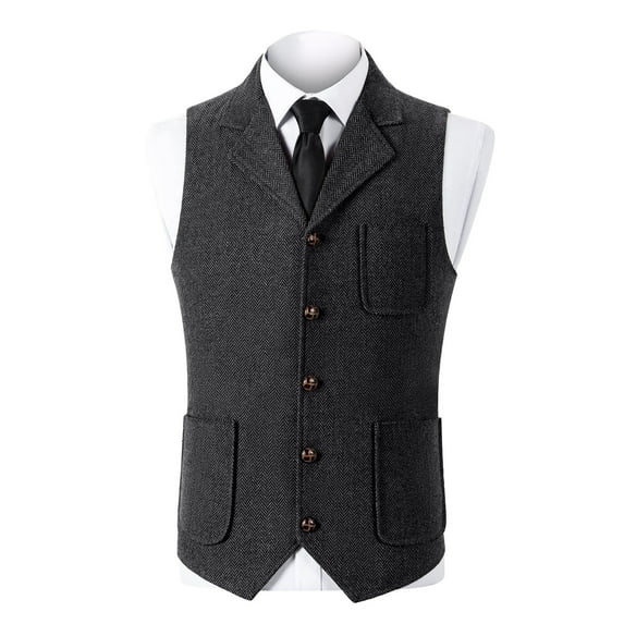Men'S Tweed Suit Vest Vintage Herringbone Button Down Blazer Dressy Casual Wool Blend V Neck Waistcoat For Groomsman