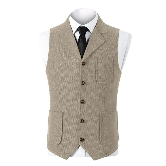 Men'S Tweed Suit Vest Vintage Herringbone Button Down Blazer Dressy Casual Wool Blend V Neck Waistcoat For Groomsman