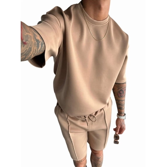 Men'S Two Piece Outfits Sets: Crew Neck Summer T-Shirt and Shorts Set with Pockets Khaki S