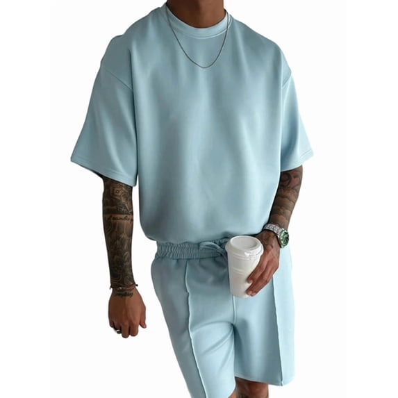 Men'S Two Piece Outfits Sets: Crew Neck Summer T-Shirt and Shorts Set with Pockets Light Blue S