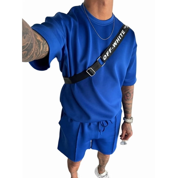 Men'S Two Piece Outfits Sets: Crew Neck Summer T-Shirt and Shorts Set with Pockets Royal Blue M