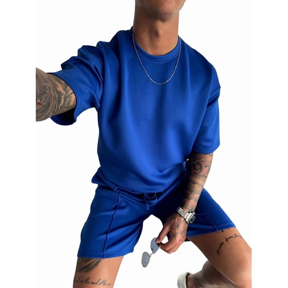 Men'S Two Piece Outfits Sets: Crew Neck Summer T-Shirt and Shorts Set with Pockets Royal Blue S