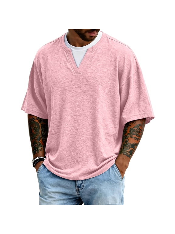 Men'S Twofer V Neck T Shirt Short Sleeve Mock Layer Casual Breathable Top For Summer Comfort And Daily Leisure Activities,Pink,L