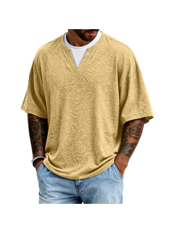 Men'S Twofer V Neck T Shirt Short Sleeve Mock Layer Casual Breathable Top For Summer Comfort And Daily Leisure Activities,Yellow,L