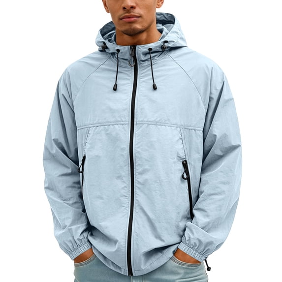Men'S UPF 50+ Sun Protection Color Block Hooded Jacket Full Zip Quick Dry Lightweight Windbreaker For Outdoor Adventures And Summer Casual Wear,Blue,XXXL