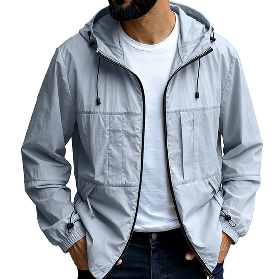 Men'S UPF 50+ Sun Protection Hooded Jacket Full Zip Lightweight Quick Dry Windbreaker With Adjustable Cuffs And Drawstring For Outdoor Hiking Travel And Daily Wear,Blue,XXXL