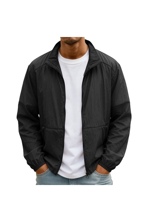 Men'S UPF 50+ Sun Protection Stand Collar Jacket Full Zip Lightweight Breathable Windbreaker With Zipper Pockets For Outdoor Travel And Daily Activities,Black,S