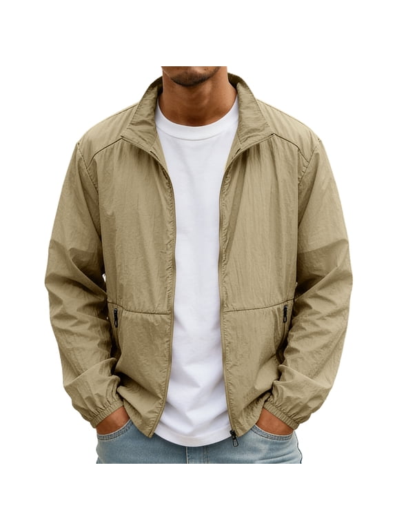 Men'S UPF 50+ Sun Protection Stand Collar Jacket Full Zip Lightweight Breathable Windbreaker With Zipper Pockets For Outdoor Travel And Daily Activities,Khaki,XL
