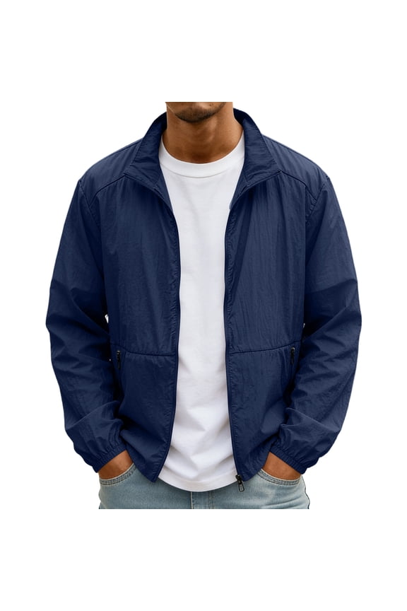 Men'S UPF 50+ Sun Protection Stand Collar Jacket Full Zip Lightweight Breathable Windbreaker With Zipper Pockets For Outdoor Travel And Daily Activities,Navy,S