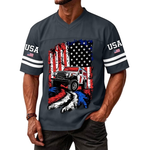 Men'S USA Flag Off-Road Jeep Print V Neck Football Jersey Short Sleeve Casual Athletic Tee For 4Th Of July And Daily Wear,Dark Gray,XXL