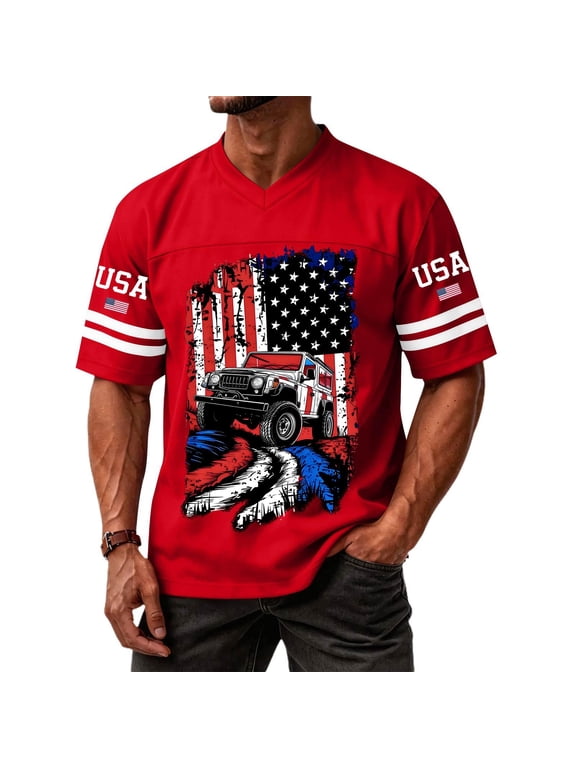 Men'S USA Flag Off-Road Jeep Print V Neck Football Jersey Short Sleeve Casual Athletic Tee For 4Th Of July And Daily Wear,Red,L