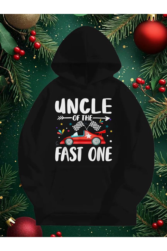 Men'S Uncle of the Fast One Racing Graphic Hooded Sweatshirt - Checkered Flag Design with Race Car & Speedometer Print, Family Matching Birthday Outfits