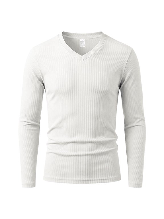 Men'S V-Neck Ribbed Slim Fit Long Sleeve Base Layer T-Shirt White L