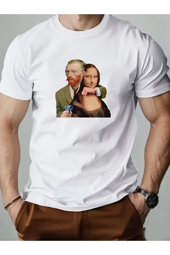 Men'S Van Gogh and Mona Lisa Art Fusion T-Shirt | Casual Summer Short Sleeve Crew Neck, Breathable Regular Fit, Lightweight Print Shirt for Fashion Enthusiasts