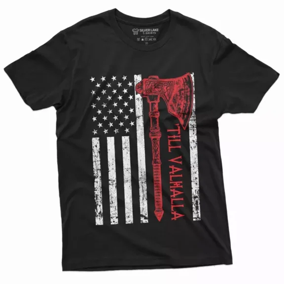 Men'S Viking Till Valhalla Usa Flag T-Shirt American Flag With Axe Nordic Tee Unisex S-5XL Hot Trending Shirt, Vintage Birthday Gift