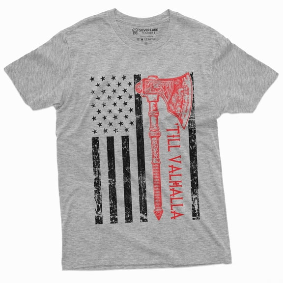 Men'S Viking Till Valhalla Usa Flag T-Shirt American Flag With Axe Thor Odin Tshirt (Small Grey)