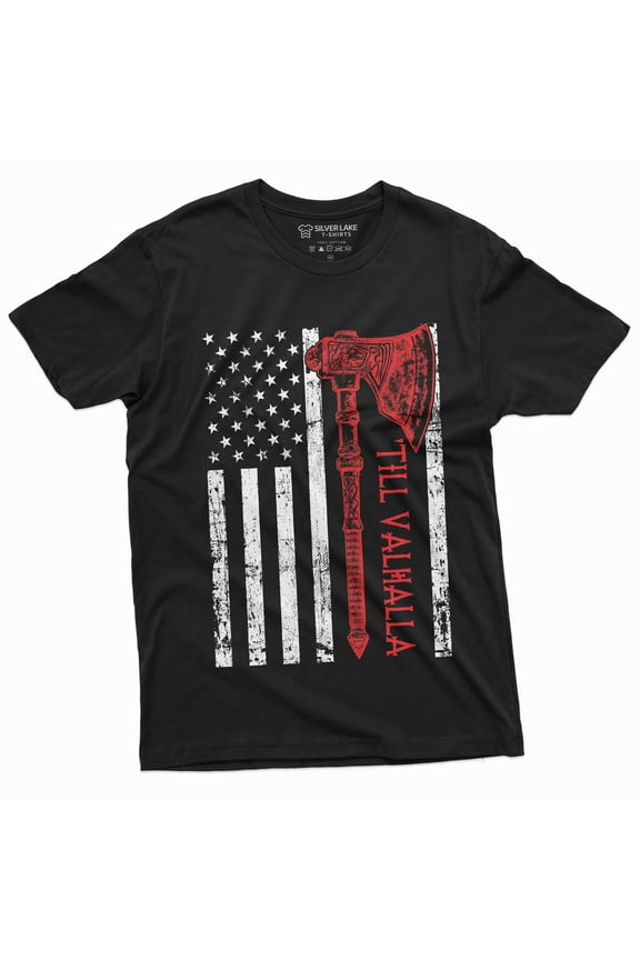 Men'S Viking Till Valhalla Usa Flag T-Shirt American Flag With Axe Thor Odin Tshirt (XX-Large Black)