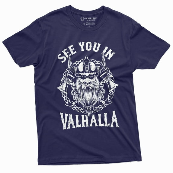 Men'S Viking Warrior T-Shirt See You In Valhalla Nordic Norse Mythology Odin Thor Tee (Medium Navy Blue)