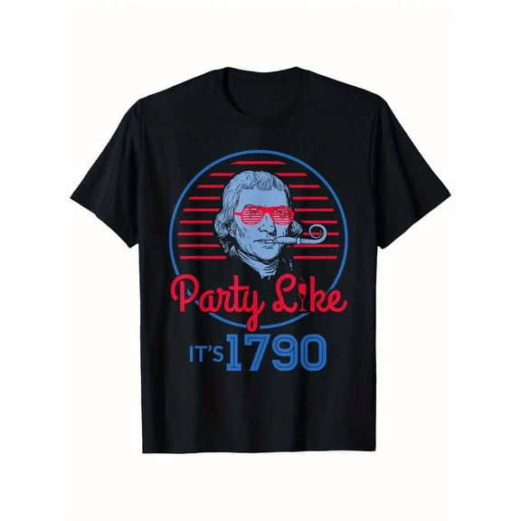 Men'S Vintage 1790s Thomas Jefferson T-Shirt - "Party Like It'S 1790" Graphic, Red & Blue Design, Regular Fit Short Sleeve Tee for All Seasons, Beach & Casual Wear, Nonelastic