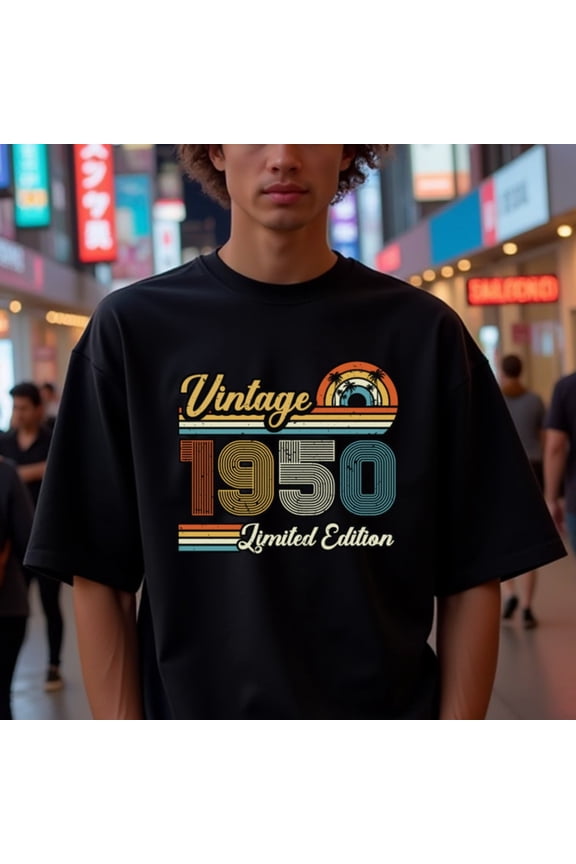 Men'S Vintage 1950 Graphic T-Shirt - Bold "Limited Edition" Design with Car & Sunset Print, Black Casual Streetwear Tee, Machine Washable, Durable Fabric for Casual Attire, Vintage T Shirts