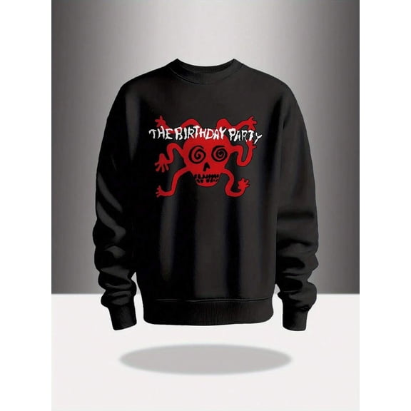 Men'S Vintage Band Graphic Sweatshirt - Black Crew Neck Polyester Pullover With "THE BIRTHDAY PARTY" Print, Perfect For Fall & Winter, Rock Music Fan Apparel For Travel, Dates, Beach, And Holiday Gif