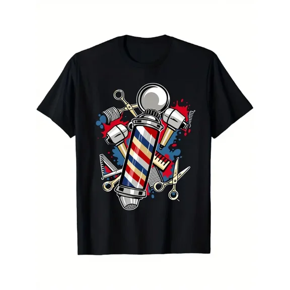 Men'S Vintage Barber Shop Graphic T-Shirt - Retro Barber Pole & Scissors Design with Red & Stripes - Lightweight Crew Neck Tee - All-Season Casual Streetwear