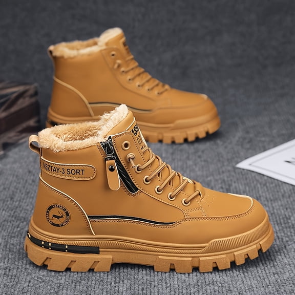 Men'S Vintage Casual Fleece-Lined Snow Boots - Brown Faux Cover with Black Accents, Lace-Up Design, Thick PVC Sole for Winter & Fall, Everyday Winter Footwear, Winter Boots, Retro Style Boots