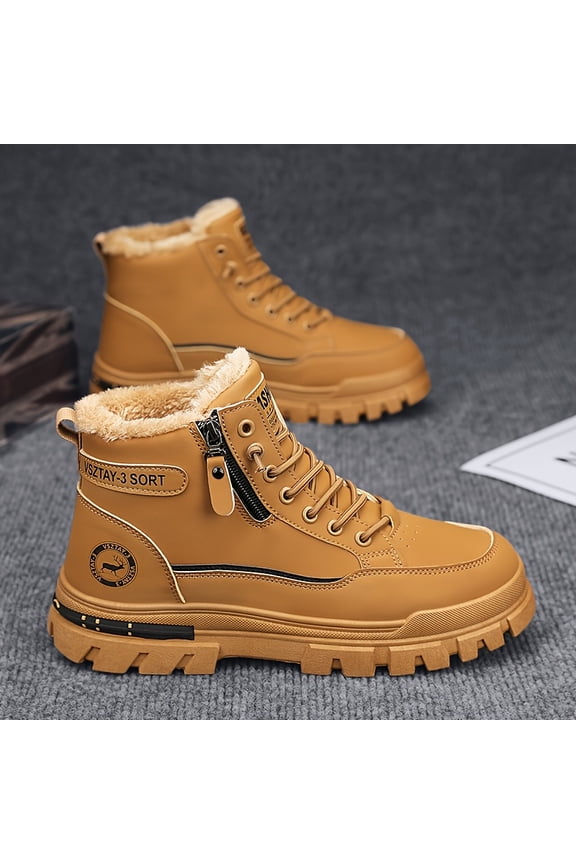 Men'S Vintage Casual Fleece-Lined Snow Boots - Brown Faux Cover with Black Accents, Lace-Up Design, Thick PVC Sole for Winter & Fall, Everyday Winter Footwear, Winter Boots, Retro Style Boots