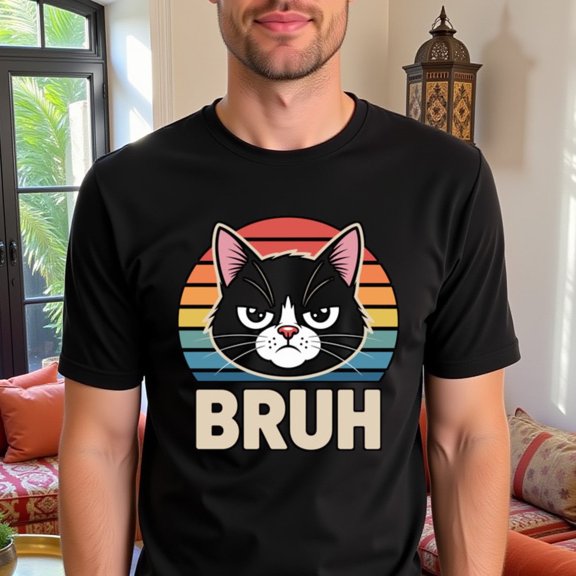 Greenink Men'S Vintage Cat "Bruh" Graphic T-Shirt - Black Crew Neck, Short Sleeve, Cotton, Casual Fit, All-Season Wear, Perfect for Cat Lovers, Valentine'S Day, Father'