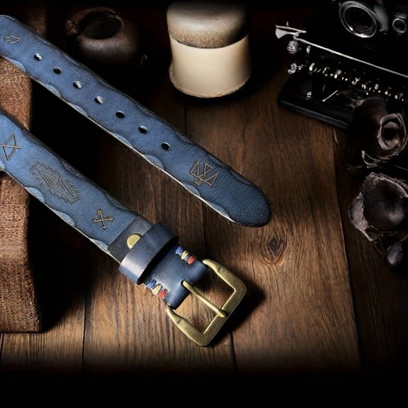 Men'S Vintage Genuine Leather Belt with Square Buckle - Embossed Design, Casual & Versatile for Jeans, Casual Attire, Casual Attire Belt | Vintage Style Belt | Durable Leather Belt