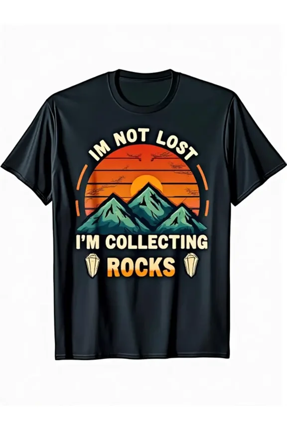 Men'S Vintage Geology T-Shirt - Funny "I'm Not Lost I'm Collecting Rocks" Slogan Tee - Black Retro Sunset Graphic Shirt with Mountain Landscape - Soft Breathable Fabric for