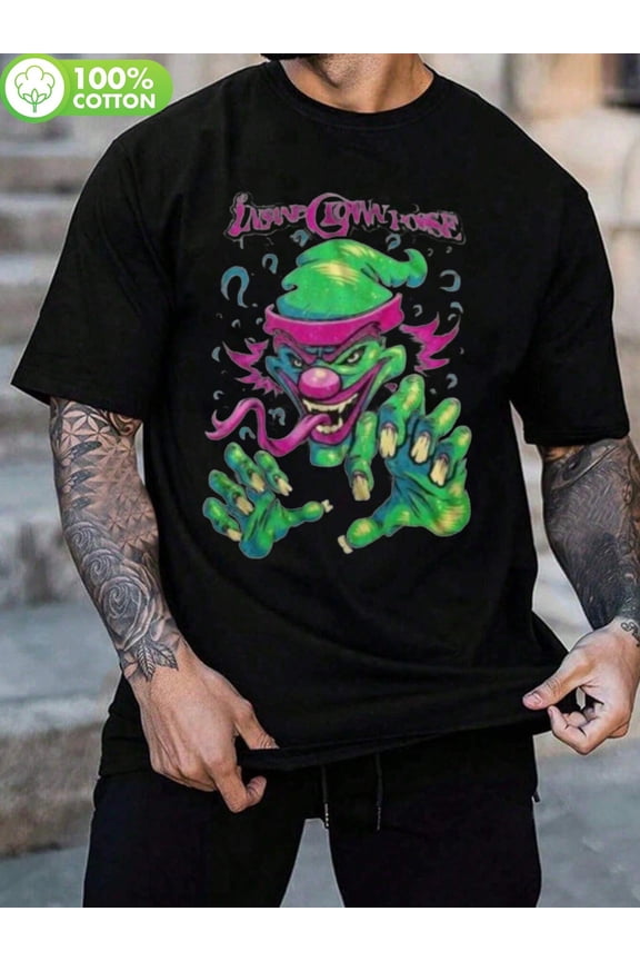 Men'S Vintage Graphic Tee Made of Thick Black Featuring Insane Clown Posse, Available in All Sizes. Ideal for Casual Streetwear with a LAST CLOWNSHOE Print, Suitable for Outdoor Activities