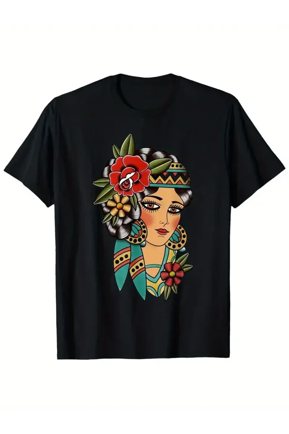 Men'S Vintage Gypsy Lady Head American Tattoo Graphic T-Shirt - Black Short Sleeve Crew Neck Casual Top for Basketball & Sports, All-Season Comfort, Sports Casual Wear, Vibrant