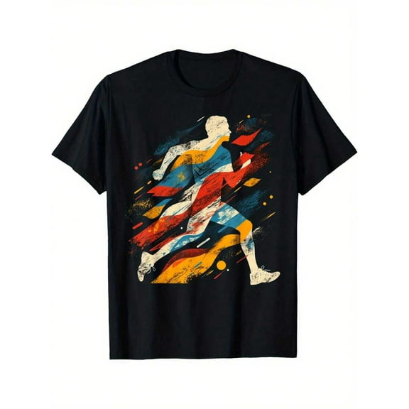 Men'S Vintage-Inspired Artsy Runner Graphic Tee - 100%, Comfortable & Breathable Crew-Neck T-Shirt With Dynamic Abstract Art Print, Ideal For Summer Outdoor - Black, Lightweight, Machine Washable