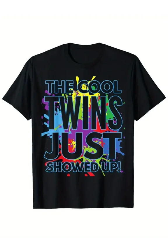 Men'S Vintage-Inspired "The Cool Twins Just Showed Up" Graphic T-Shirt - Black with Colorful Splash Design, Regular Fit Short Sleeve Tee for Sports Fans, All-Season Comfort